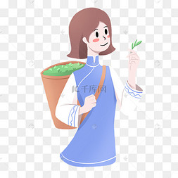 拿着绿茶的采茶女下载 png下载psd手绘卡通养生的小女孩插画下载 png