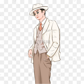 手绘民国老百姓生活人物西服礼帽绅士
