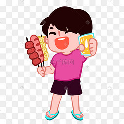 吃东西餐饮全家吃美食卡通手绘q版人物卖烧烤夏日烤肉烤串撸串喝