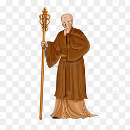 手拿禅杖的古代和尚