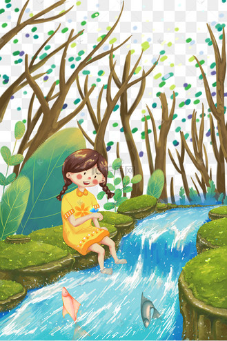 夏天小女孩小溪森林戏水