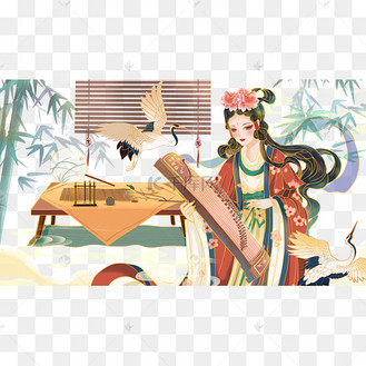 唐朝大唐国潮古风中国风仕女抚琴古筝美女仙鹤