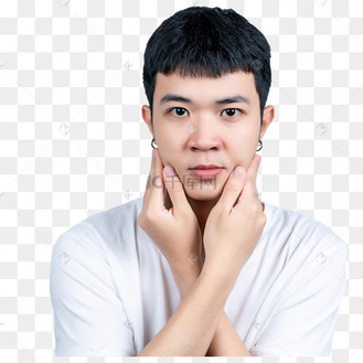 白色短袖青年男子摸脸动作