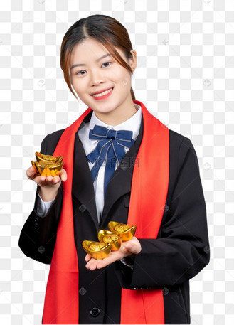 商务女手拿金元宝新年拜年