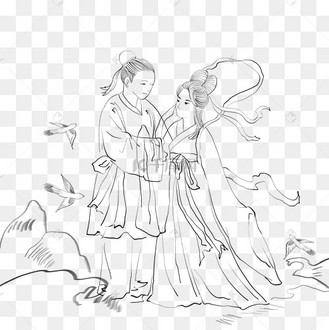 线描七夕牛郎织女