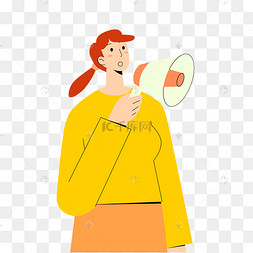通告促销喇叭手绘卡通拿喇叭的小女孩c4d立体手拿喇叭黄色通告促销