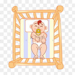 卡通婴儿睡觉小床里的宝宝儿童房间婴儿床卡通矢量手绘床被子枕头简约