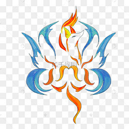 手绘蓝色九尾狐图片材料