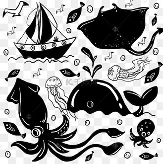 航海鱼类海洋生物船只黑白涂鸦