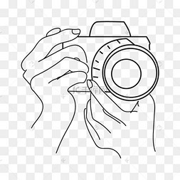 双手握持手机线稿相机持花的草帽少女清新手绘插画ps免扣图素材古代