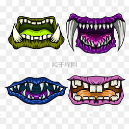 蓝色紫色绿色獠牙卡通怪物嘴巴