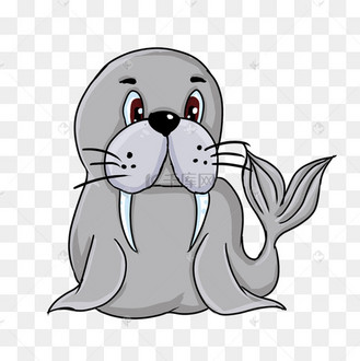 可爱卡通风格灰色翘尾巴长獠牙小海象剪贴画