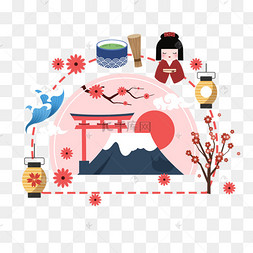 粉色日本富士山神社风景观光