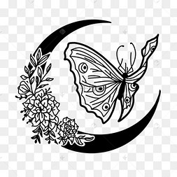 漂亮蝴蝶月亮花卉黑白剪影