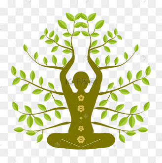 棕绿色卡通人物瑜伽人物和树