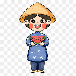 越南春节戴斗笠拿着西瓜的男孩