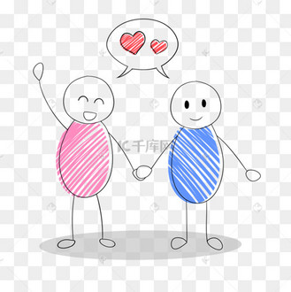 可爱卡通线条牵手的两个火柴人表情