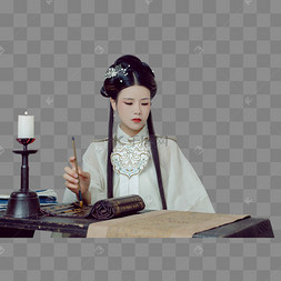拿毛笔写字的古风美女