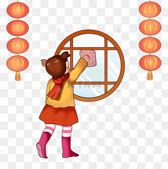 新年春节打扫房子做家务擦玻璃小女孩清洁