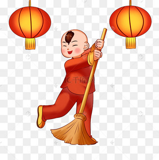 新年春节打扫房子做家务扫地小男孩清洁