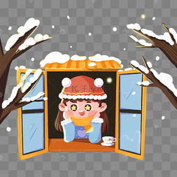 女孩窗户看雪