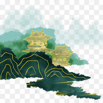 金线国潮山水仙山云山阁楼水彩水墨