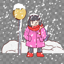 冬季降雪下雪暴雪雪中等车女孩雪