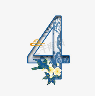 国潮纹路图片素材_国潮蓝色喜鹊数字4