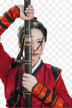 武侠穿红色汉服的女侠拔剑武侠古风穿汉服的女侠户外骑马武侠穿汉服的
