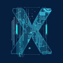 科技线条字母免抠艺术字图片_蓝色科技线条PSD字母X