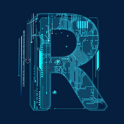 科技字母线条免抠艺术字图片_蓝色科技线条PSD字母R