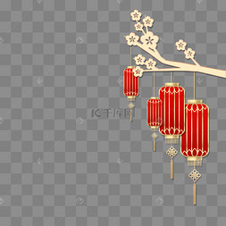 红色新年浮雕剪纸梅花花朵灯笼吊