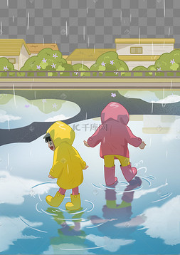 雨水小孩子踩水坑