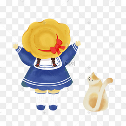 女孩春游背影拥抱大自然猫咪