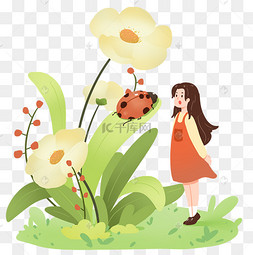 二十四节气春分植物复苏女孩赏花