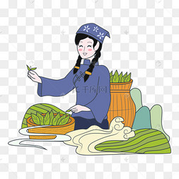 卡通茶田采茶的姑娘