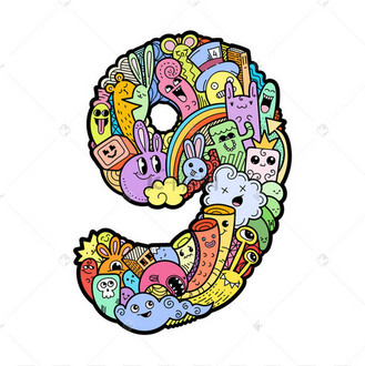 手拉涂鸦孩子们的号码.可爱的 monstred 数字, 数学符号.