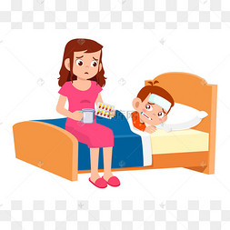 可怜可爱的小男孩病了躺在床上