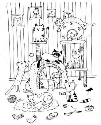 许多猫在游戏室里带着猫玩具和房子.黑白轮廓图.手绘.