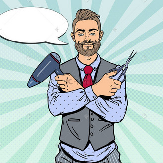 波普艺术胡子理发师,剪刀和吹风机.矢量图