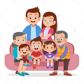 四代联合家庭卡通矢量插画