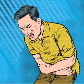 男人正受着严重的胃痛的折磨.流行艺术还原向量图解古董画