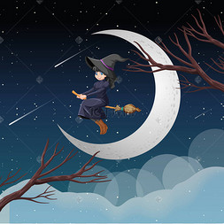 女巫或魔法师骑着扫帚在天空中被天空背景图解隔开巫婆可爱和黑猫骑在