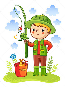 小渔夫拿着渔具站在水桶边上钓鱼