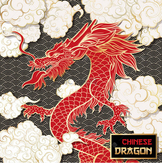 中国龙矢量图.红色蛇和手绘云与金色的轮廓绘制.神话生物素描与字母.