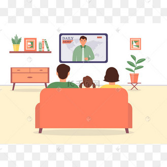 一家人坐在客厅的沙发上,一边看电视上的每日新闻.可爱的矢量图解.