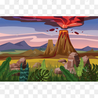 火山喷发, 背景景观平原, 植被, 石头, 矢量, 卡通风格, 插图, 孤立