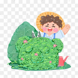 卡通女割草.人物砍伐绿树或灌木.园艺种植和浇灌幼苗.