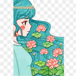夏至节气女孩荷花荷叶水彩