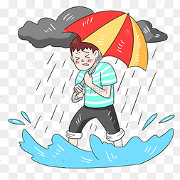 下暴雨暴风雨打伞男孩